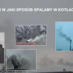 Dym z komina, biały i czarny, unosi się na tle pochmurnego nieba. Różne rodzaje dymu z komina pokazują różne sposoby spalania.
