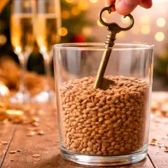 Llave antigua en un vaso lleno de lentejas, con copas de champán y regalos de fondo. ¡Un buen augurio para soñar con lentejas y prosperidad!