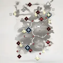 Mapa wyspy Tsushima z zaznaczonymi lokacjami, takimi jak Komoda, Kashine, Komatsu, Ariake, Hiyoshi i Azamo.