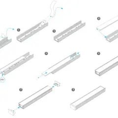 Instrukcja montażu taśmy LED w listwie aluminiowej. Krok po kroku pokazano, jak umieścić taśmę, zamknąć profil i zamontować zaślepki.