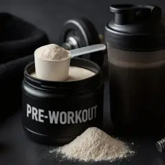 Pojemnik z napisem "PRE-WORKOUT" i miarka proszku. Obok shaker z napojem i hantle. To jest przedtreningówka co to za produkt?