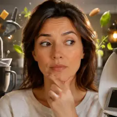 Kobieta zastanawia się, czy wybrać robota kuchennego Cobbo 7, czy Thermomix. Wokół unoszą się składniki.