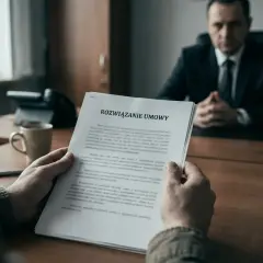 Mężczyzna trzyma dokument "Rozwiązanie umowy", który może być związany z art. 30 kp. W tle siedzi drugi mężczyzna w garniturze.