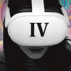 Osoba w goglach VR z napisem IV. Kolorowe, abstrakcyjne tło sugeruje wejście do wirtualnej rzeczywistości, być może meta quest 4.