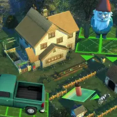 Wirtualna farma w The Sims 4 z domem, ciężarówką, krową i gigantycznym krasnalem. Użyj kody na debug, by wszystko działało!