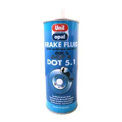 Bidon de liquide de frein synthétique Unil Opal, compatible DOT 4 ou DOT 5.1, avec illustration de disque de frein. Fabriqué en France.