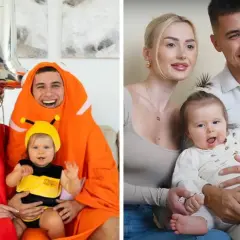 Rodzina z dzieckiem. Maja Wiśniewska w stroju pszczółki, rodzice w kostiumach.