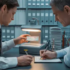 Deux hommes vérifient un chèque sous une lampe. L'un tient le chèque, l'autre remplit un formulaire, processus de depot cheque.