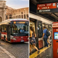 Rzymskie atrakcje i transport: autobus obok Koloseum i wejście do metra.