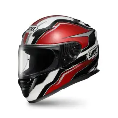 Casco de moto con diseño agresivo en rojo, blanco y negro. Su forma aerodinámica y líneas afiladas le dan un aspecto de sharp helmet listo para la velocidad.