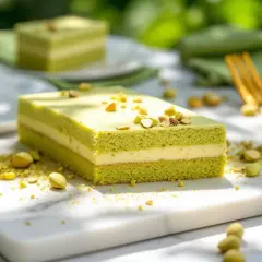 Un délicieux entremet pistache, aux couches aériennes et garni de pistaches concassées, prêt à être dégusté.