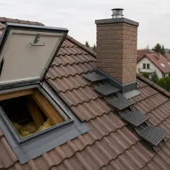 Otwarty luk, drabinka i komin na brązowym dachu. Gotowy do wyjścia na dach.