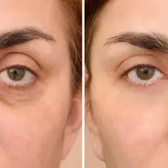 Antes y después de un tratamiento para quitar ojeras oscuras. La piel luce más luminosa y descansada.