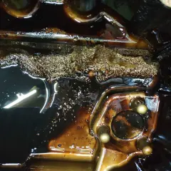 Metalowe opiłki w filtrze oleju silnikowego, świadczące o zużyciu elementów.