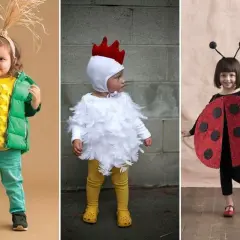 Niños con disfraces caseros de cuentos infantiles: un niño como mazorca de maíz, otro como pollito y una niña como mariquita.
