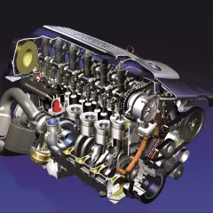 Przekrój silnika BMW M57 z turbosprężarką i widocznymi tłokami, zaworami i paskami napędowymi.