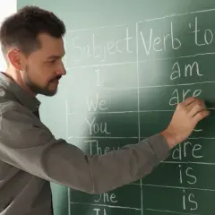 Nauczyciel pisze na tablicy odmianę czasownika "to be". Nauka angielskiego na poziomie C1 to cel wielu uczniów.