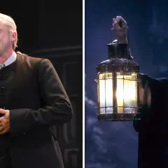 Tom Felton jako Draco Malfoy: dorosły aktor w czarnym stroju i młody aktor z latarnią.