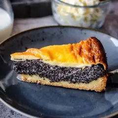 Ein Stück Mohn Schmand Kuchen mit goldbrauner Kruste und cremigem Mohn.