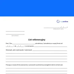 Formularz listu referencyjnego dla pracownika. Zawiera pola na dane pracodawcy, pracownika, okres zatrudnienia, obowiązki i cechy wyróżniające.