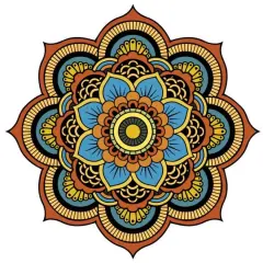 Kolorowa mandala z niebieskimi płatkami i żółtym środkiem, otoczona pomarańczowymi i czarnymi wzorami.