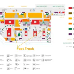 Mapa lotniska z zaznaczoną strefą "Fast Track" i legendą.