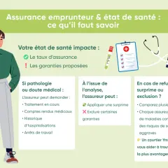 Illustration expliquant l'impact de l'état de santé sur l'assurance emprunteur obligatoire. Un homme se tient à gauche, avec des icônes médicales à droite.