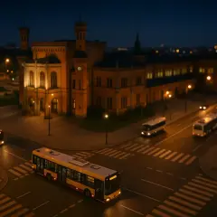Nocne autobusy we Wrocławiu przemierzają puste ulice. W tle oświetlony zabytkowy budynek.