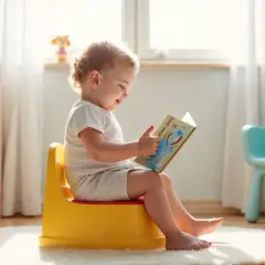 Uśmiechnięte dziecko czyta książeczkę, siedząc na żółtym nocniku. Może tak będzie łatwiej przekonać malucha, że dziecko nie chce siadać na nocnik?
