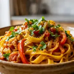 Un plat de pâtes aux poivrons rouges et jaunes, oignons et tomates, garni de persil frais. Une délicieuse recette italienne.