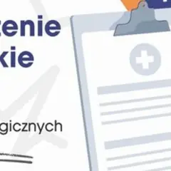 Orzeczenie lekarskie do celów sanitarno-epidemiologicznych. Dokument medyczny z symbolem krzyża i stetoskopem.