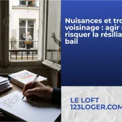 Silhouette d'une femme faisant un signe de paix, face à une autre femme sur un balcon. Le texte parle de **conflit de voisinage**.