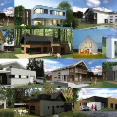 Siatka zdjęć nowoczesnych domów jednorodzinnych w różnych stylach architektonicznych.
