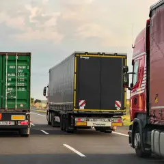Trzy ciężarówki jadące autostradą. Znak zakazu wyprzedzania dla ciężarówek jest widoczny, sugerując ograniczenia ruchu.