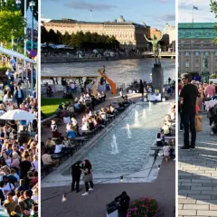 Folkmyller vid Norrbro Marknad och en somrig kväll vid vattnet i Stockholm, en härlig atmosfär som påminner om en stockholm music festival.