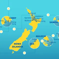 Mapa podróży po Australii, Nowej Zelandii i wyspach Pacyfiku. Zobacz połączenia lotnicze z Chin, Malezji i ZEA do **Oceania**.