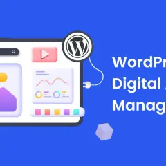 Illustration of a tablet displaying media and analytics, connected to the WordPress logo, representing WordPress digital asset management.