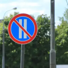Znak drogowy: zakaz postoju. Dwa pionowe białe paski na niebieskim tle, przekreślone czerwoną linią.