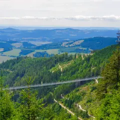 Widok na najdłuższy wiszący most w Europie, otoczony zielonymi lasami i pagórkowatym krajobrazem.