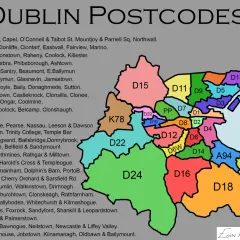 Mapa kolorowych stref z numerami kodów pocztowych Dublin. Znajdź swój **dublin kod pocztowy** na tej mapie.