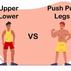 Zwei Männer, die verschiedene Workout-Splits repräsentieren: "Upper Lower" und "Push Pull Legs".
