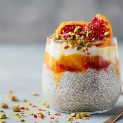 En läcker chiapudding med kvarg, apelsin, blodapelsin och pistagenötter. En perfekt frukost eller mellanmål.