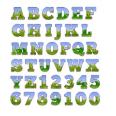 Letras en mayúsculas bonitas con un paisaje verde y cielo azul en su interior. El abecedario completo y los números del 0 al 9.