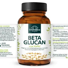 Braune Dose mit Unimedica Beta Glucan Kapseln aus Hafer. Enthält 64g, 90 Kapseln. Gut für den Cholesterinspiegel.