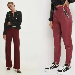 Dwie stylizacje z bordowymi spodniami: eleganckie z marynarką i sportowe z ekoskóry.