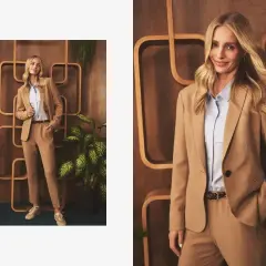 Elegancka stylizacja: jakie spodnie do beżowej marynarki? Modelka prezentuje komplet w odcieniu camel, idealny na co dzień i do pracy.