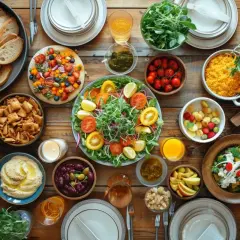 Un apéro drôle avec une table garnie de salades colorées, fruits, légumes, pain et houmous. Parfait pour un moment convivial et savoureux.