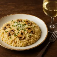 Pyszne risotto z grzybami i kieliszek białego wina. Idealne pytanie: jakie wino do risotto?