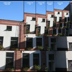 Budynek z cegły i białym tynkiem, pokazany w różnych rozdzielczościach, od FULL HD do VGA. Każdy piksel jest widoczny w mniejszej rozdzielczości.