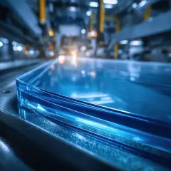 Bordo di un pannello di plexiglass blu brillante in una fabbrica. Il plexiglass è isolante termico, ideale per applicazioni industriali.